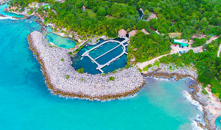 Aerial view of a dolphin habitat in Riviera Maya